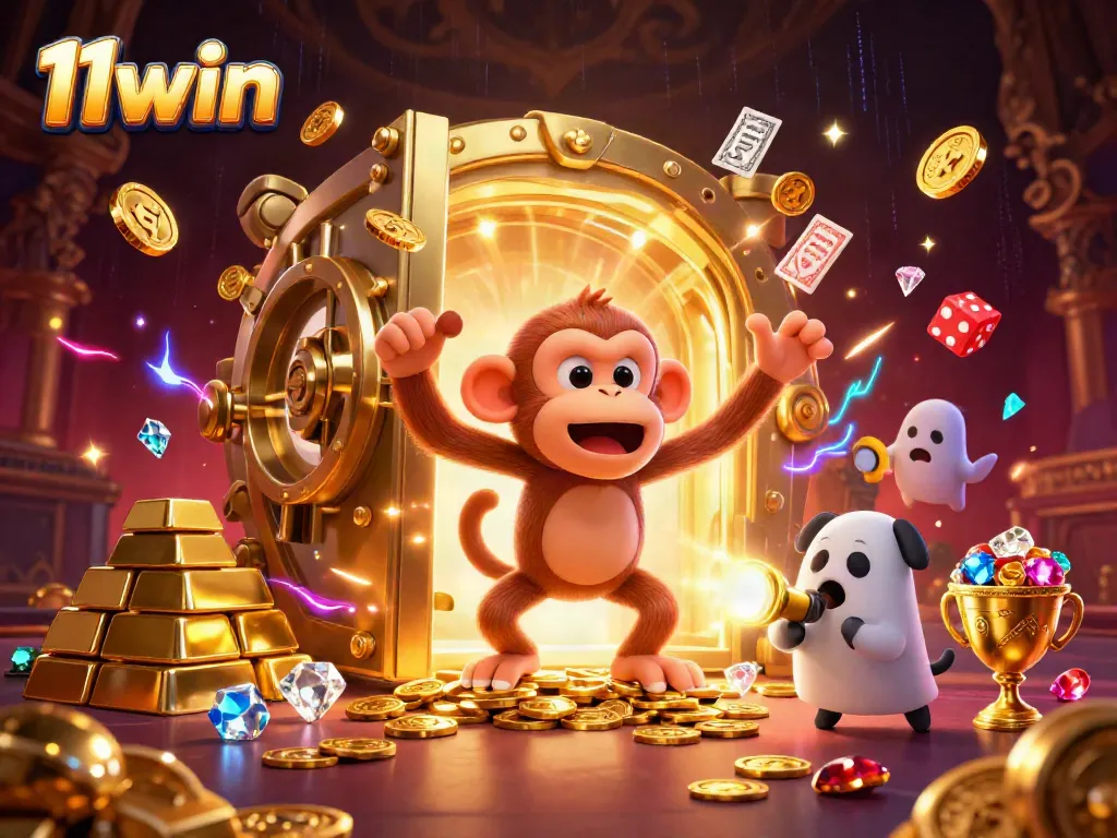 Illuminated 11win casino scene featuring poltergeist monkey juggling coins while a ghost-hunter puppy tracks it.