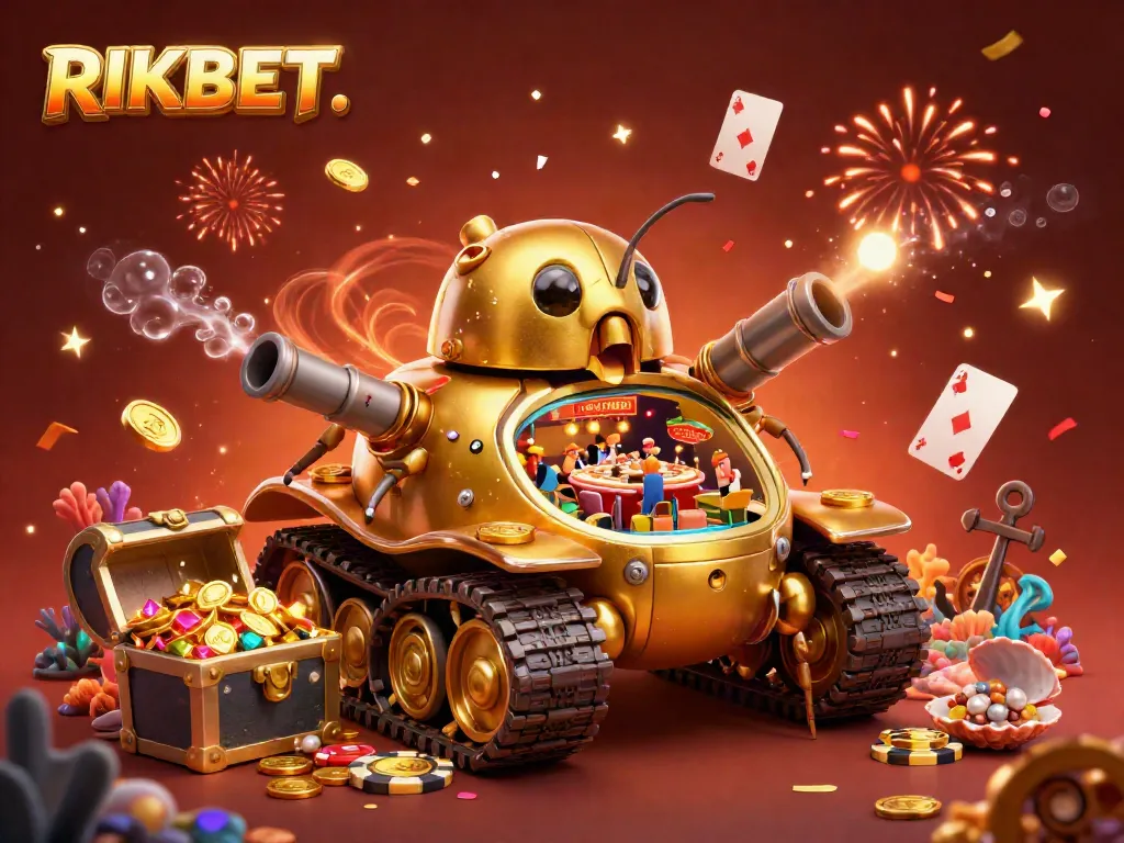 Experience RIKBET's vibrant casino adventure with gold, gems, and festive elements.