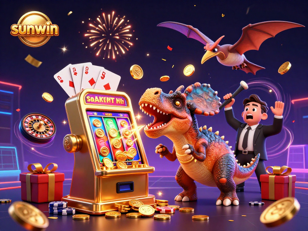 sunwin's thrilling casino experience with a playful dinosaur winning on a slot machine amidst confetti and golden coins
