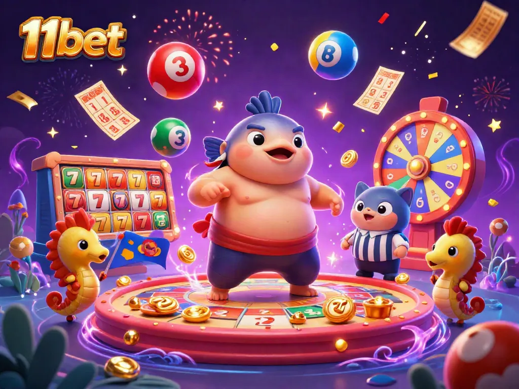 Experience 11bet's thrilling underwater casino scene with vibrant characters and jackpot elements.