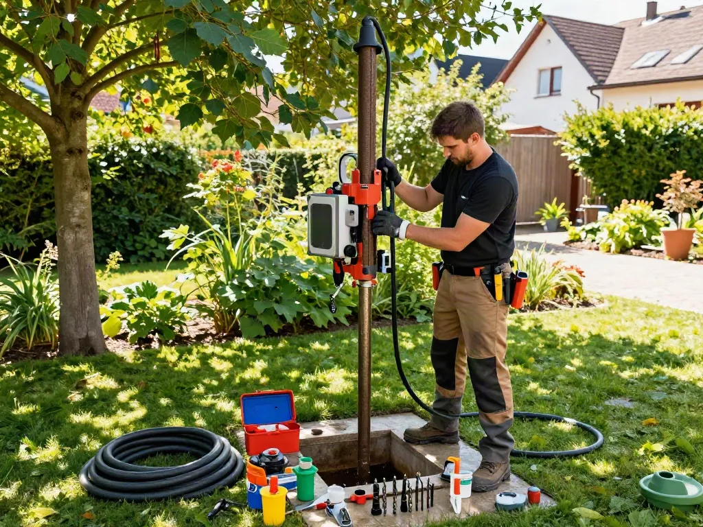 Techniker bei der Brunnenbohrung im Garten, moderne Technik und Werkzeuge sichtbar.