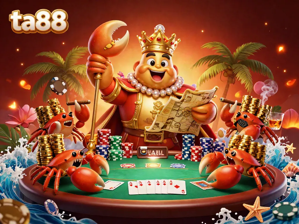 Engage with ta88 at a vibrant poker scene featuring a golden crab emperor, chips, and colorful cards.