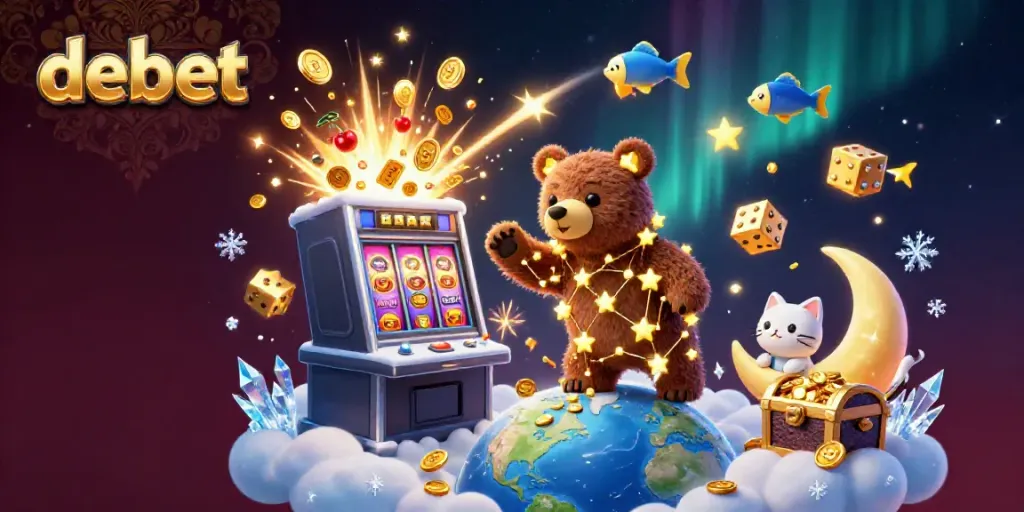 Experience the excitement of debet with a vibrant casino scene of a golden bear, slots, and games.