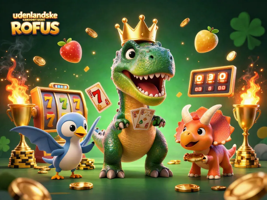 Engage with udenlandske casinoer uden ROFUS as a cartoon T-Rex shuffles cards and stacks chips.