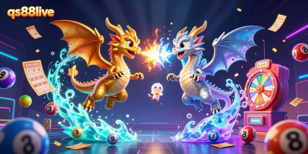 Join the excitement in qs88live with dragons battling in an intense casino-themed scene full of dynamic gaming elements.