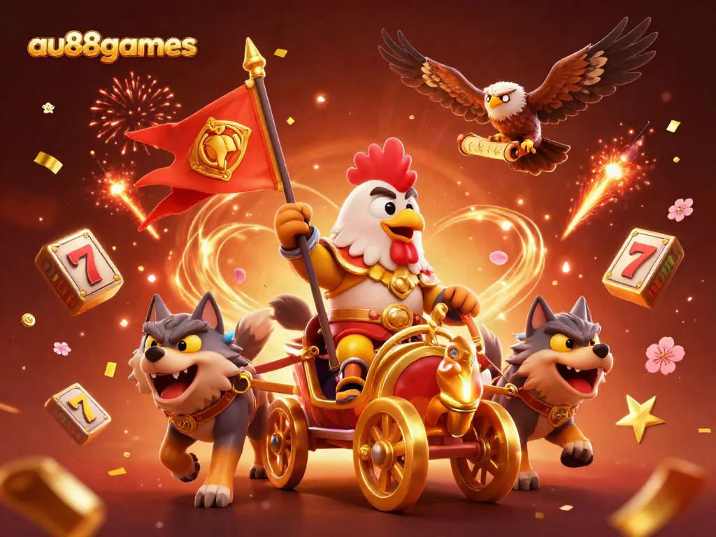 Engage in thrilling gameplay with au88games featuring a rooster warlord and slot reels in a vibrant casino setting.