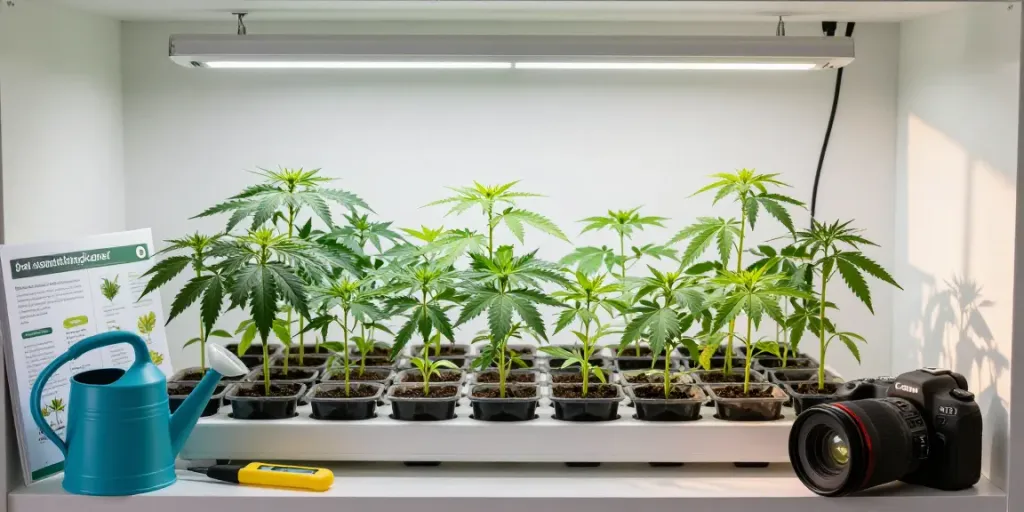 Young cannabis seedlings for sale, highlighting diverse varieties and gardening tools. sämlinge kaufen featured.