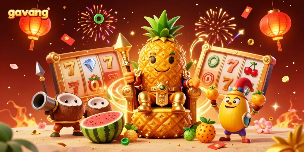 Experience the thrill with "gavang" at a vibrant beach casino featuring a pineapple king and rich gambling elements.