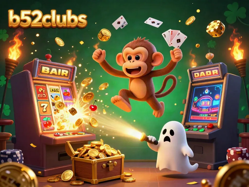 Experience fun at b52clubs with a ghostly monkey juggling gold in a vibrant casino scene.