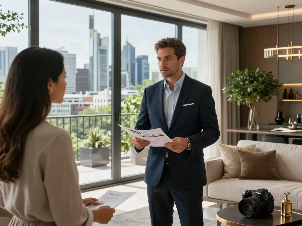 Bester Immobilienmakler Frankfurt präsentiert eine luxuriöse Wohnung mit Stadtblick und eleganten Möbeln.
