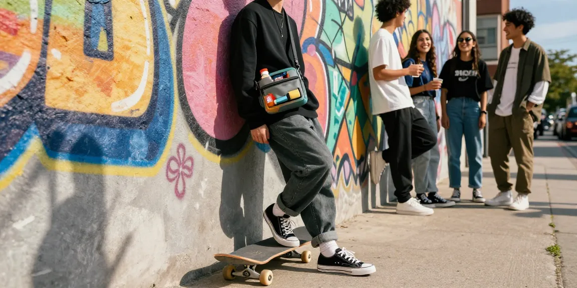 Herrenhandtaschen im urbanen Umfeld, stilvoller Outfit-Träger vor Graffiti-Wand