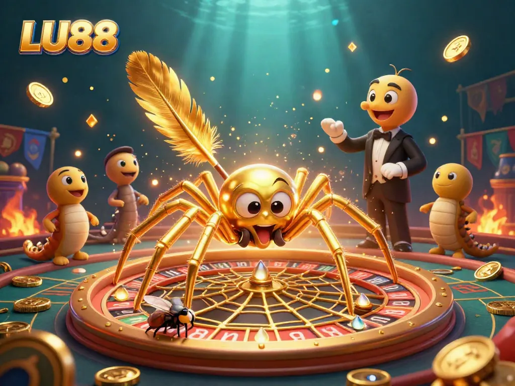 LU88's golden spider spins a roulette wheel web as a fly bets nervously at a lively casino.