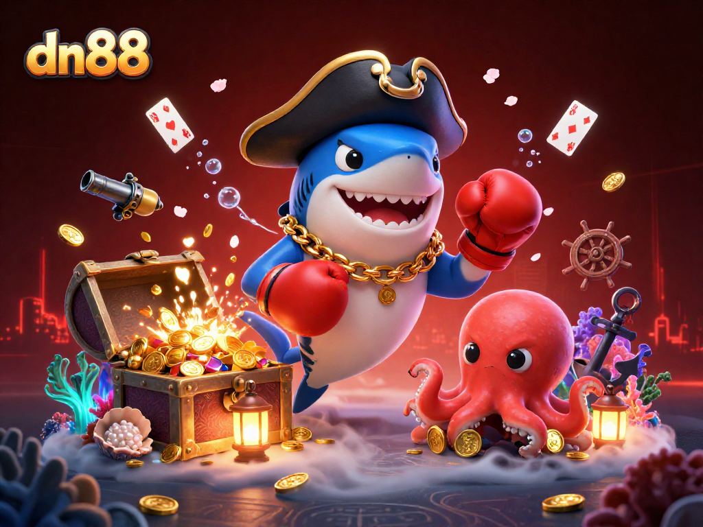 Spin the reels with the dn88 shark mascot showcasing an exciting casino scene filled with treasures.