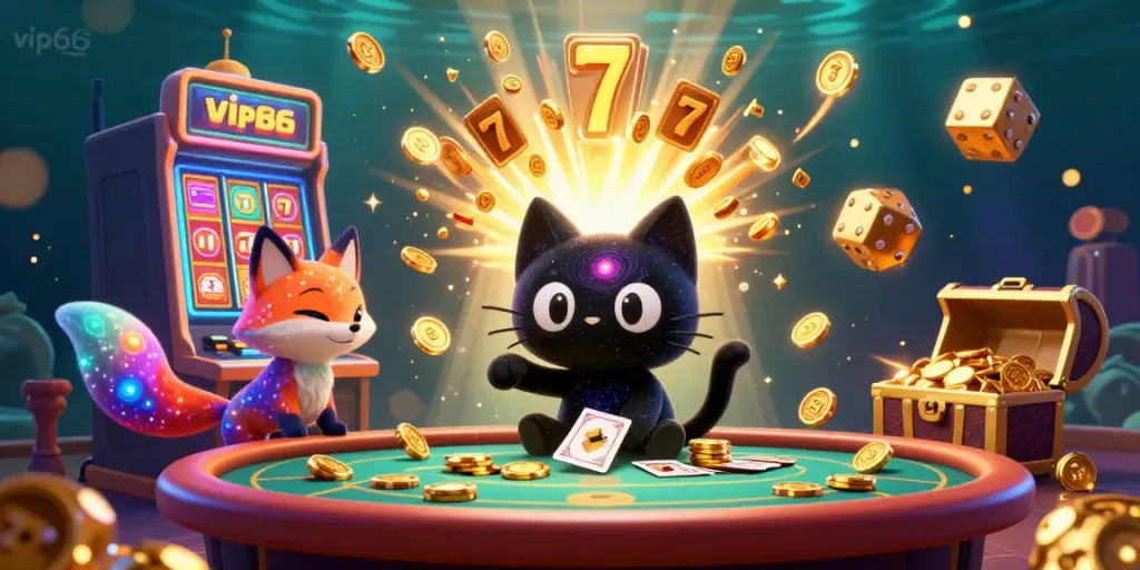 Engage in exciting gaming action at vip66 with a cosmic casino scene featuring vibrant characters and jackpot elements.