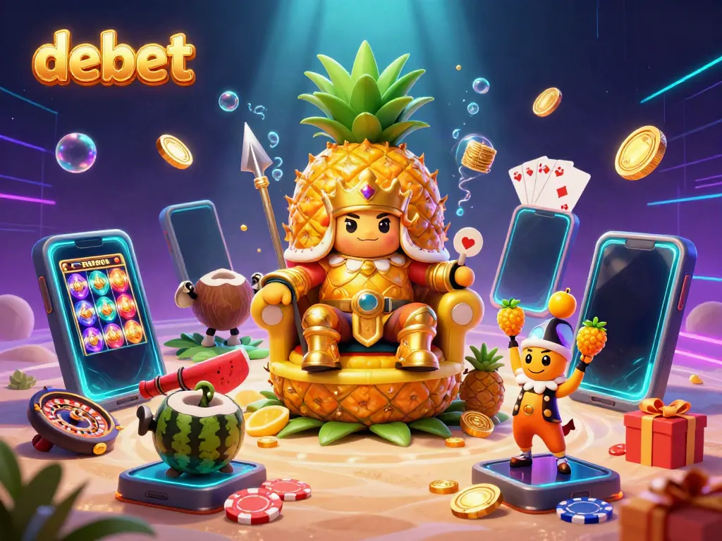 Engage in the magical world of debet with a vibrant beach casino scene featuring a pineapple king, games, and festive elements.
