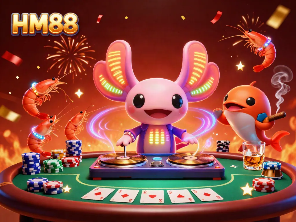 Join the HM88 gaming experience with an electrifying 3D illustration of an axolotl DJ and friends.