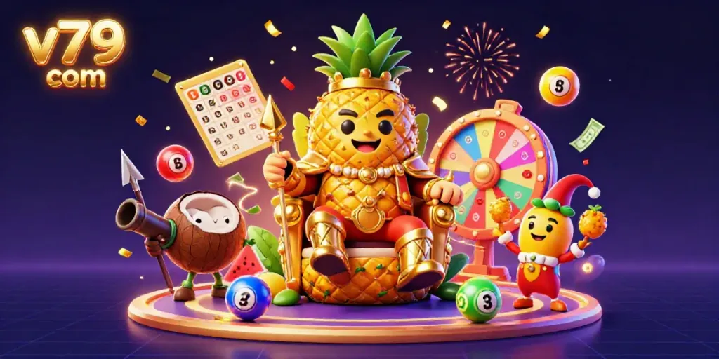 Engage with v79 com's vibrant casino scene featuring golden pineapple king and dynamic lottery action.