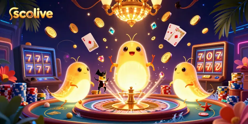 Socolive illuminates a vibrant casino experience with glowworms, coins, and poker chips.