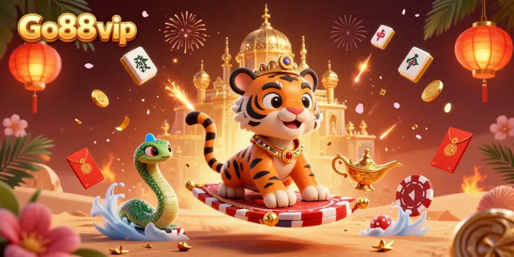 Experience the vibrant energy of Go88 vip with a dynamic casino-themed digital illustration filled with excitement.