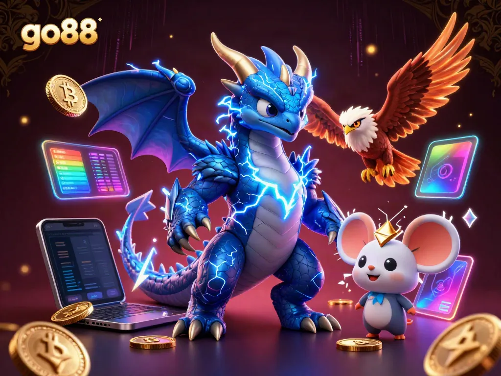 Engage in gaming excitement at go88 with a vivid depiction of colorful dragons and dynamic gambling elements.
