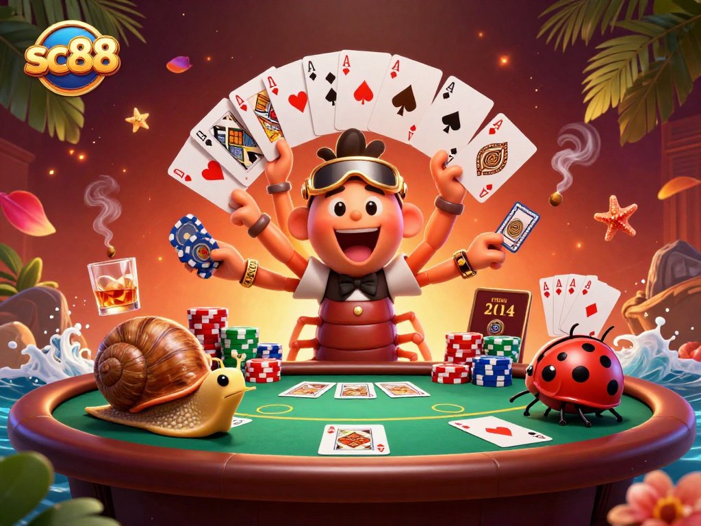 Engage in thrilling gameplay at sc88 with a vibrant casino scene featuring a millipede dealer and high-roller snail.
