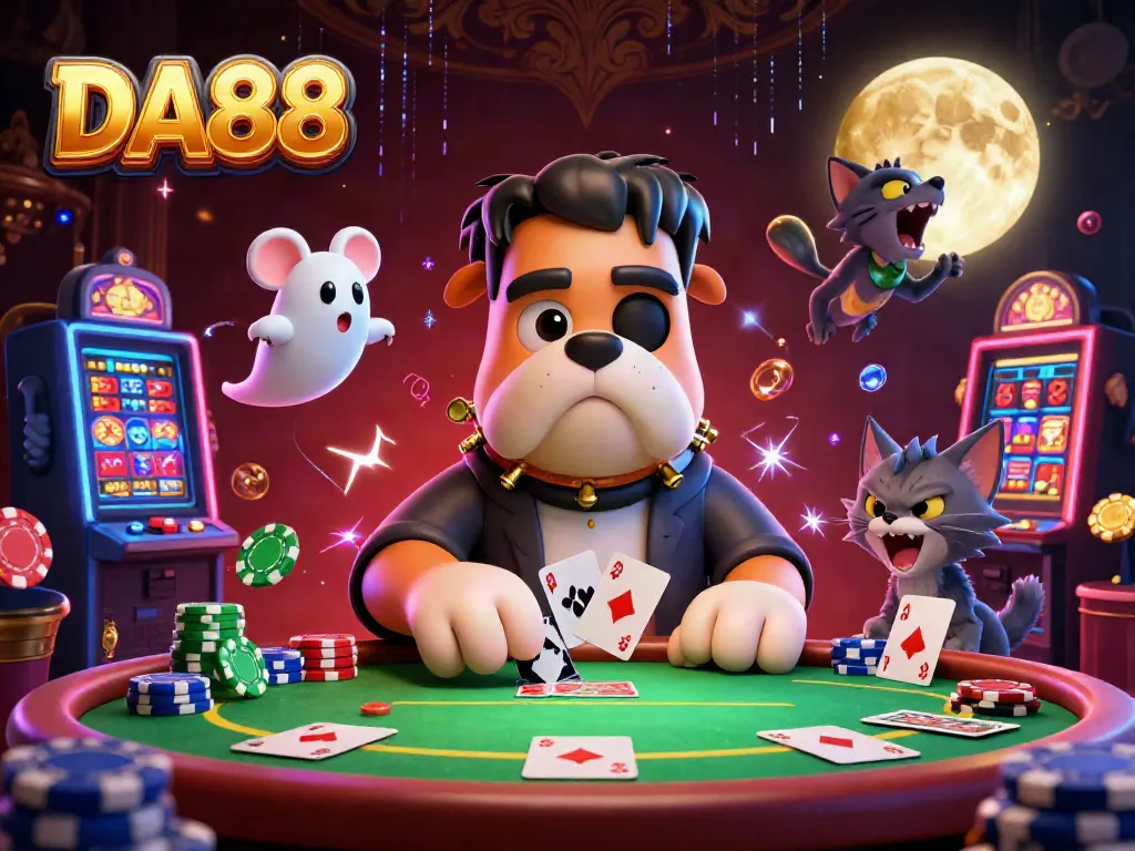 Engage in thrilling poker with DA88 at a spooky casino table featuring cartoon characters and colorful chips.