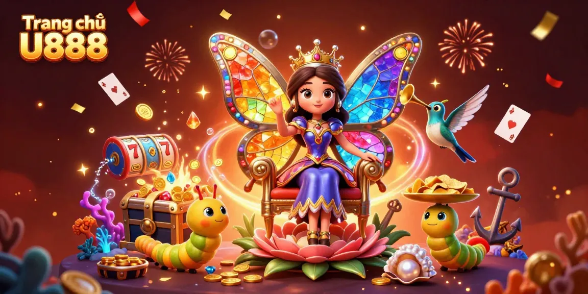 Experience thrilling gameplay at Trang chủ U888 with vibrant slots, chip stacks, and festive casino elements.