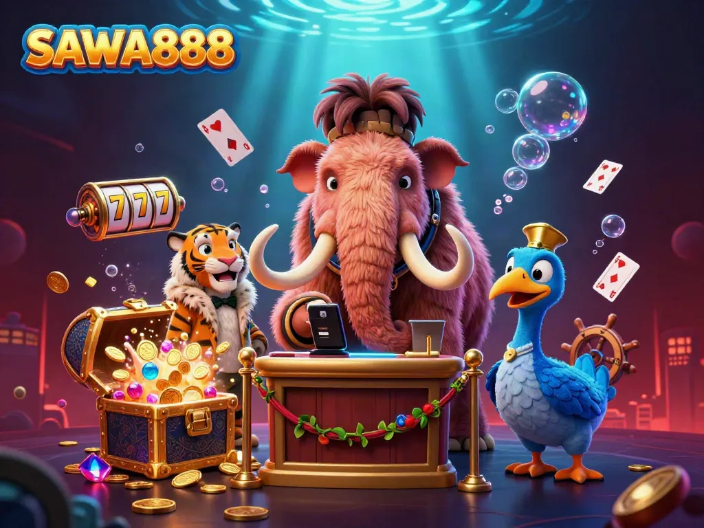 Watch a woolly mammoth bouncer at SAWA888 check IDs while a saber-tooth tiger enters, surrounded by slot symbols and treasures.