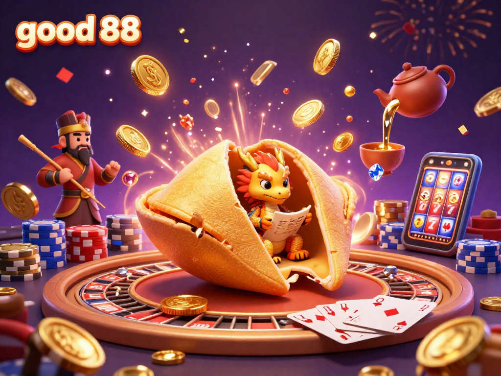 Play dynamic games at good 88, where a giant golden fortune cookie reveals fortunes, surrounded by riches.