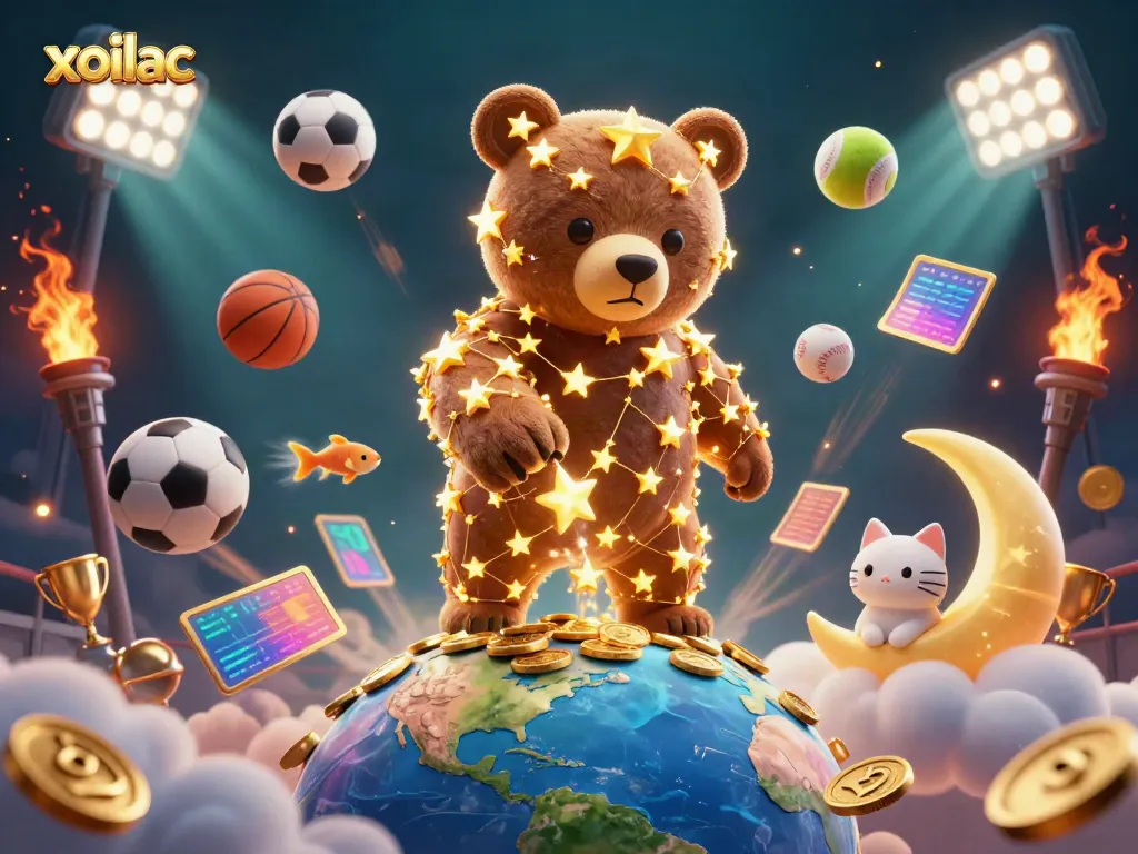 Xoilac features an energetic 3D cartoon scene with a constellation bear scooping coins, embodying the thrill of sports betting.