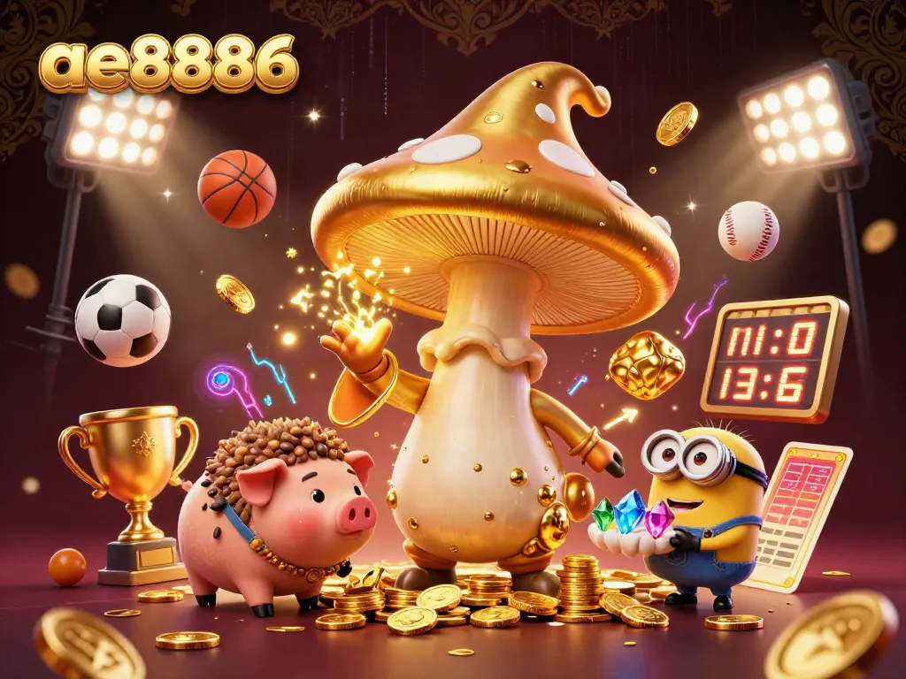 Engage with ae8886's dynamic casino scene featuring a golden mushroom wizard and sports elements.