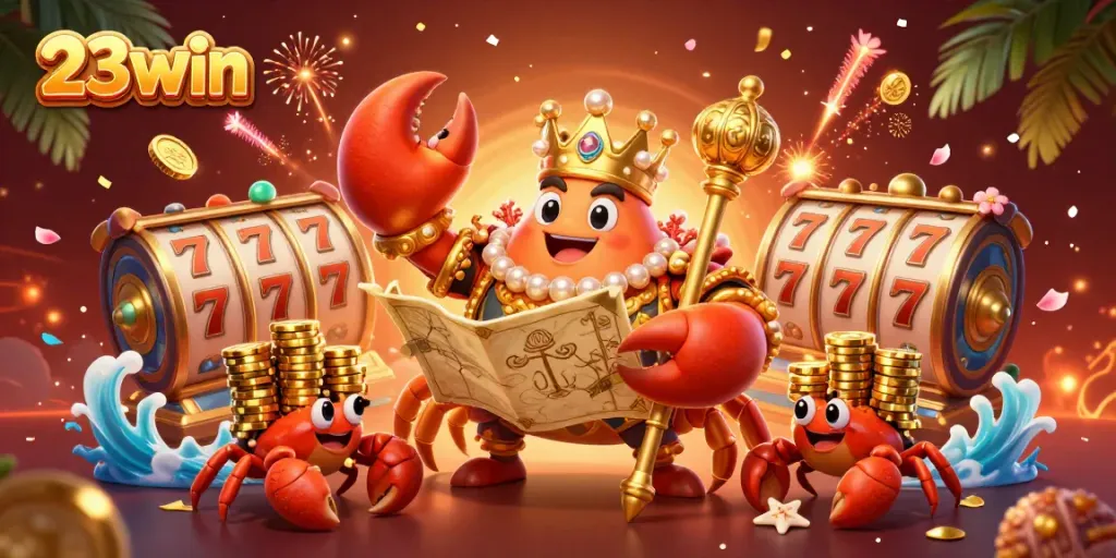Engage in thrilling gameplay at 23win with vibrant 3D casino themed elements including golden crab emperor, slot reels, and dynamic decorations.