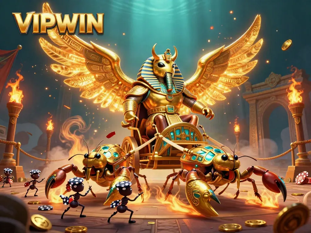 Engage in thrilling gameplay at VIPWIN, featuring a colossal scarab and scorpions amidst a vibrant casino landscape.