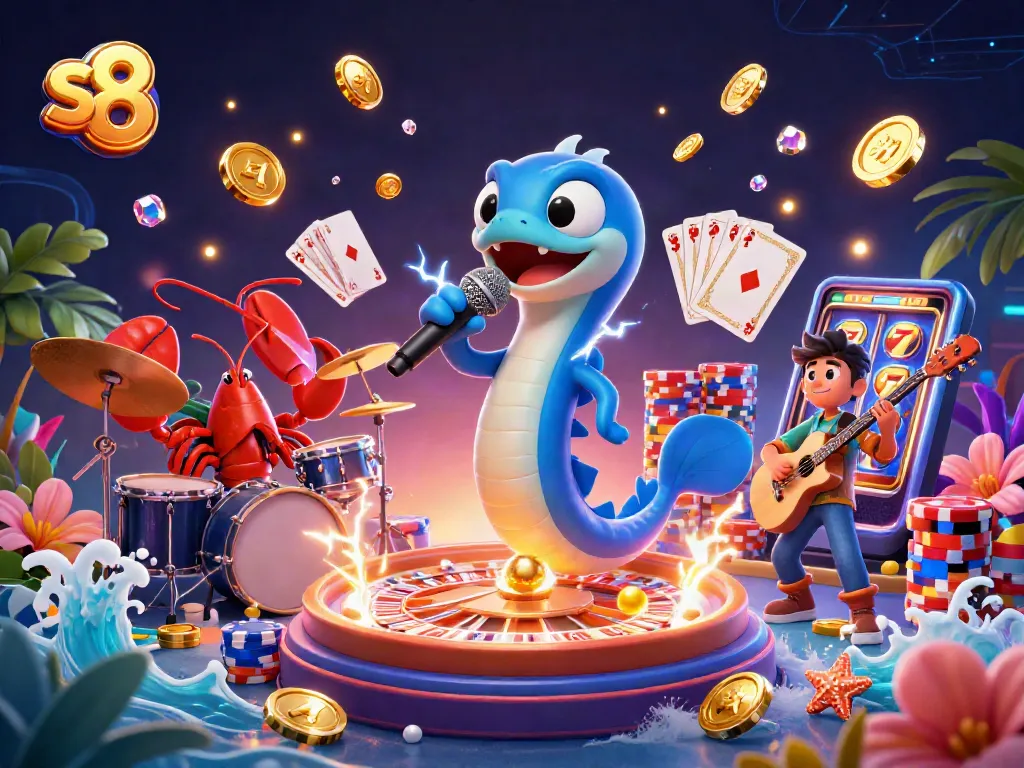 S8 casino illustration showcasing a vibrant underwater scene with an electric eel DJ, lobster drummer, and seahorse guitarist
