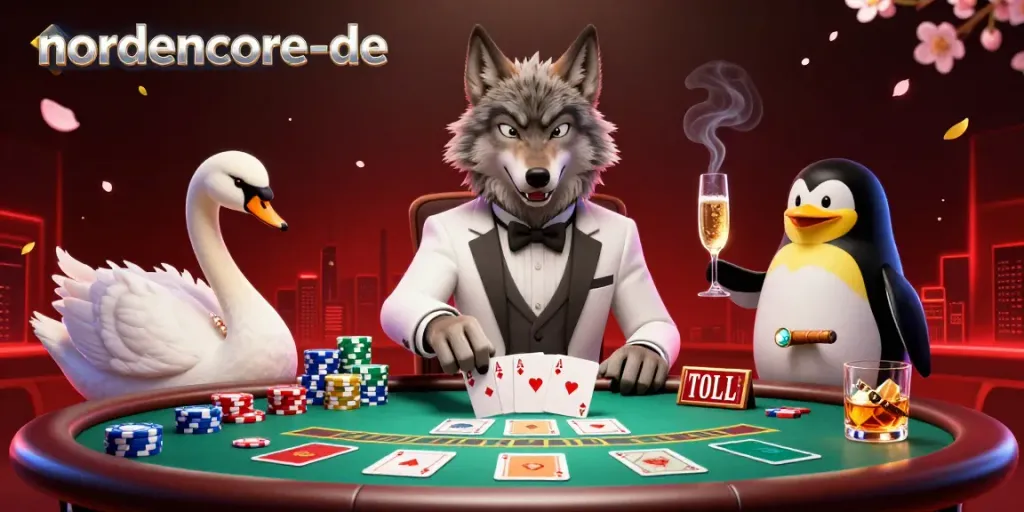 Engaging scene of nordencore-de with a debonair wolf, elegant swan, and penguin presenting drinks at vibrant casino tables.