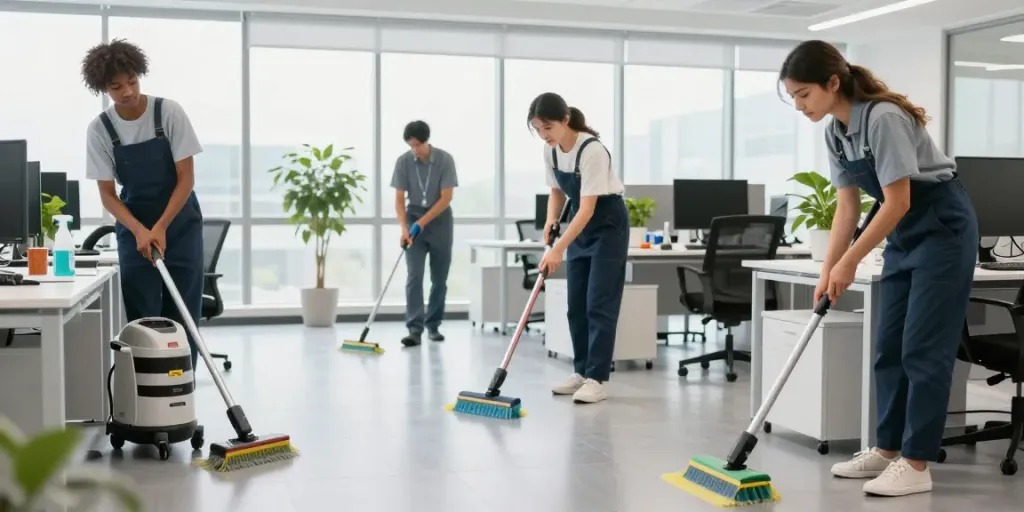 Professionelle Reinigungsfirma in Düsseldorf putzt ein modernes Büro.
