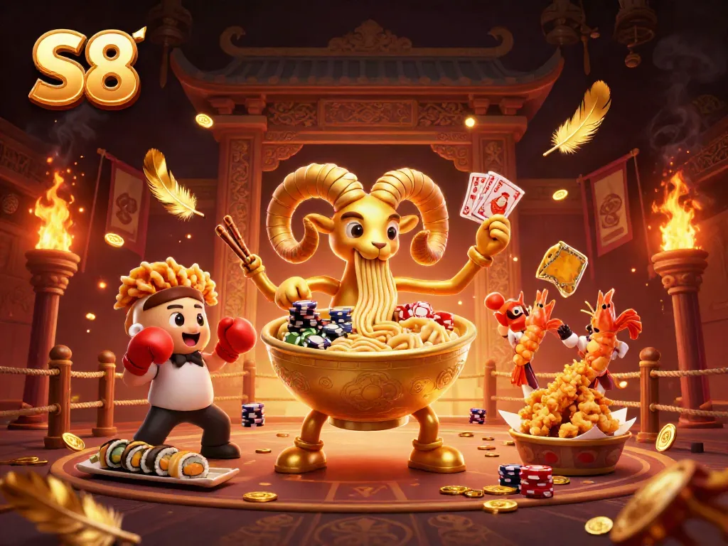 Experience thrilling S8 games with a golden ramen bowl character and vibrant casino elements.