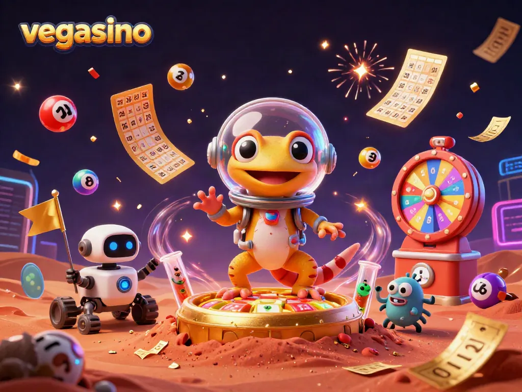Engage in thrilling gaming at vegasino, showcasing a Martian gecko discovering a golden casino.