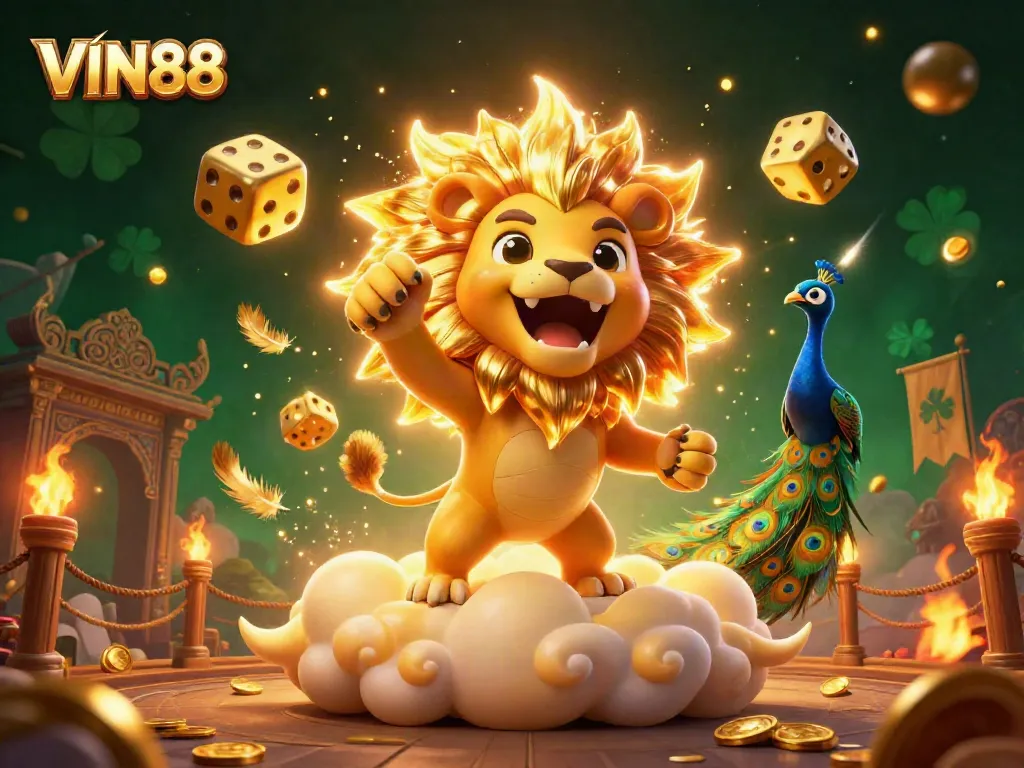 Experience thrilling gameplay with VIN88, where a roaring sun lion and golden dice evoke excitement in the casino.
