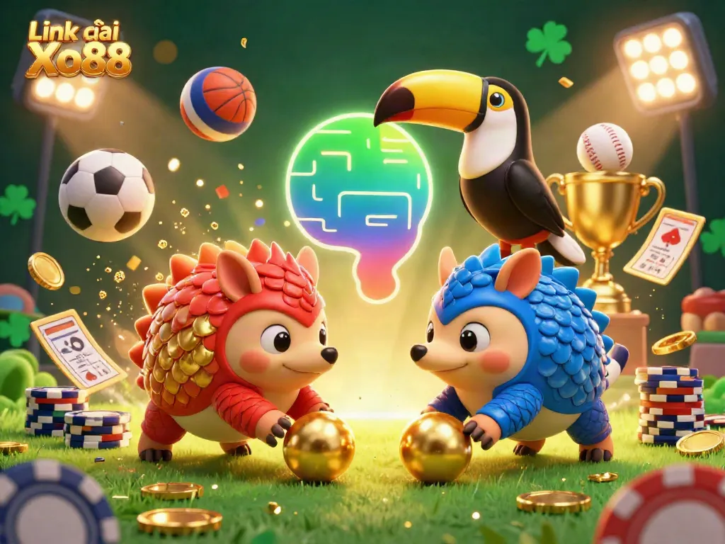 Engage with thrilling gameplay at Link vào Xo88, featuring animated pangolins competing with poker chips and festive elements.