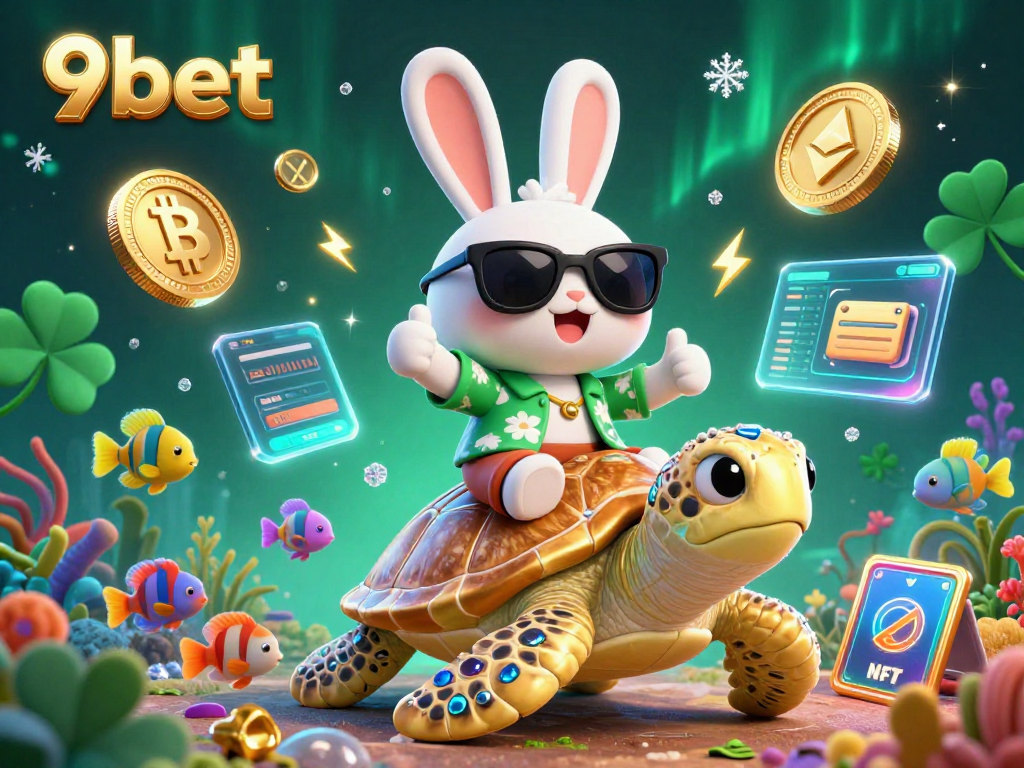 Engage with 9bet's vibrant 3D casino world featuring a lucky rabbit and golden sea turtle.