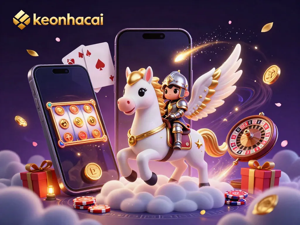Experience exciting gameplay with keonhacai as the celestial knight rides through animated casino elements.