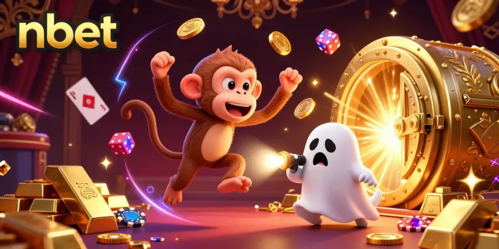Experience thrilling fun at nbet with a lively casino illustrated scene featuring a mischievous monkey and ghost-hunter puppy.