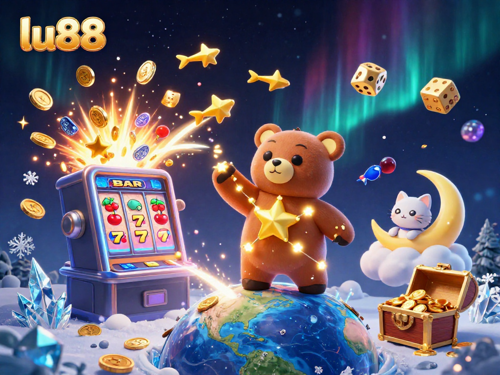 Win exciting prizes at lu88 with dynamic 3D illustration featuring bears, casino elements, and jackpot surprises.