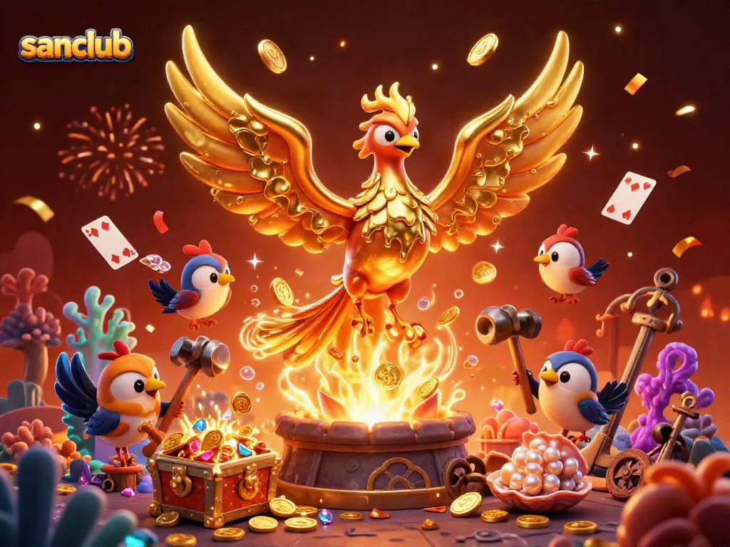 Experience excitement at sanclub with a molten golden phoenix surrounded by treasures and game elements.
