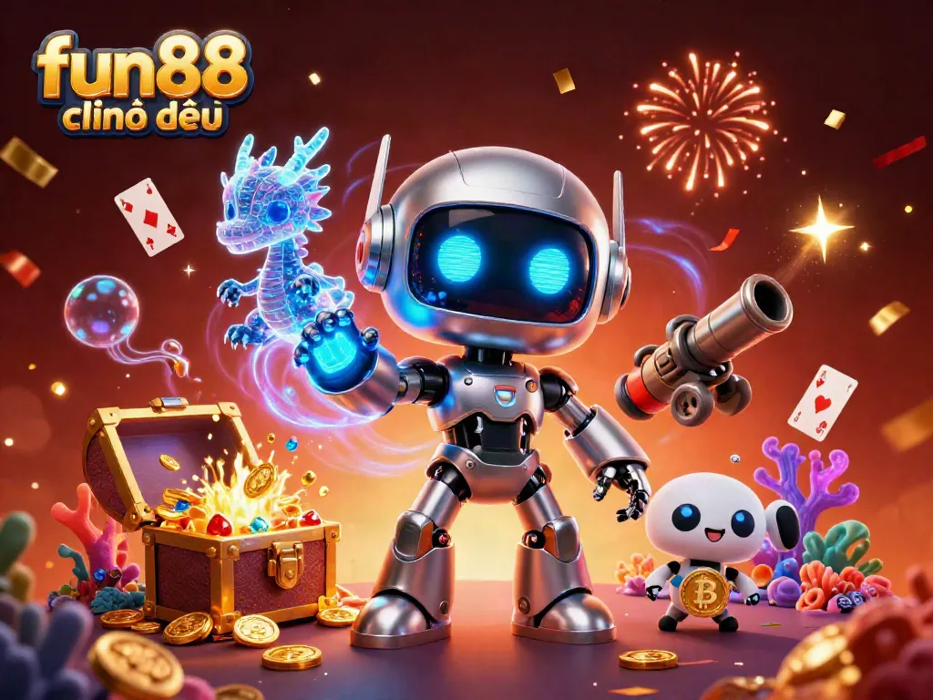 Fun88 chính thức: Celebrate wins with casino elements in a vibrant 3D digital illustration.