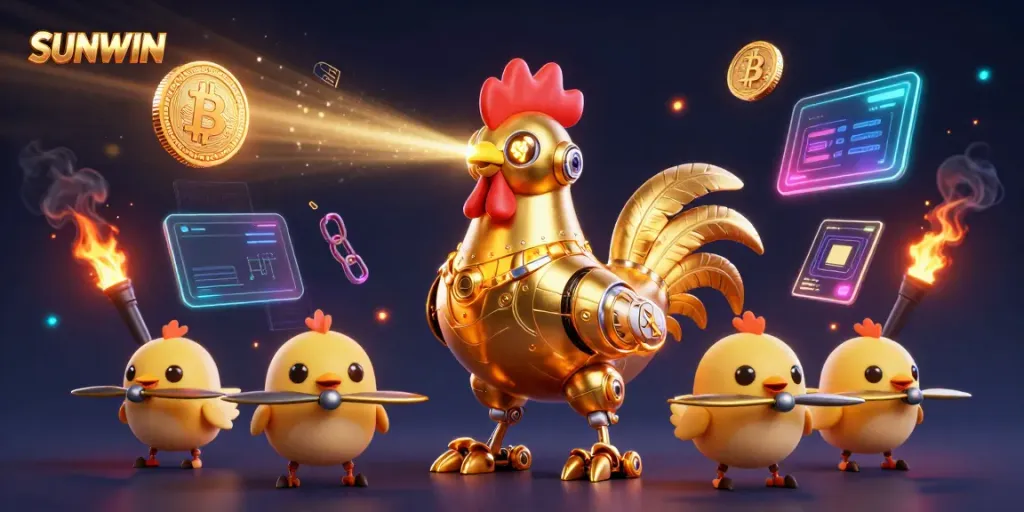 Experience the excitement of SUNWIN with vibrant 3D visuals showcasing crypto gaming elements.