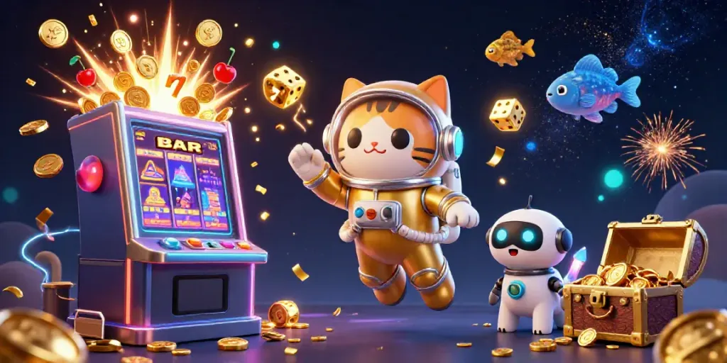 B52CLUB casino theme with a space cat and robotic dog winning big from slot machines.