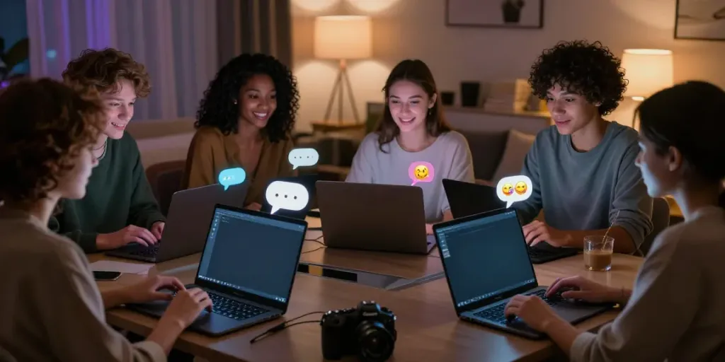 Interactive sex chat room scene with engaged adults on laptops and smartphones.