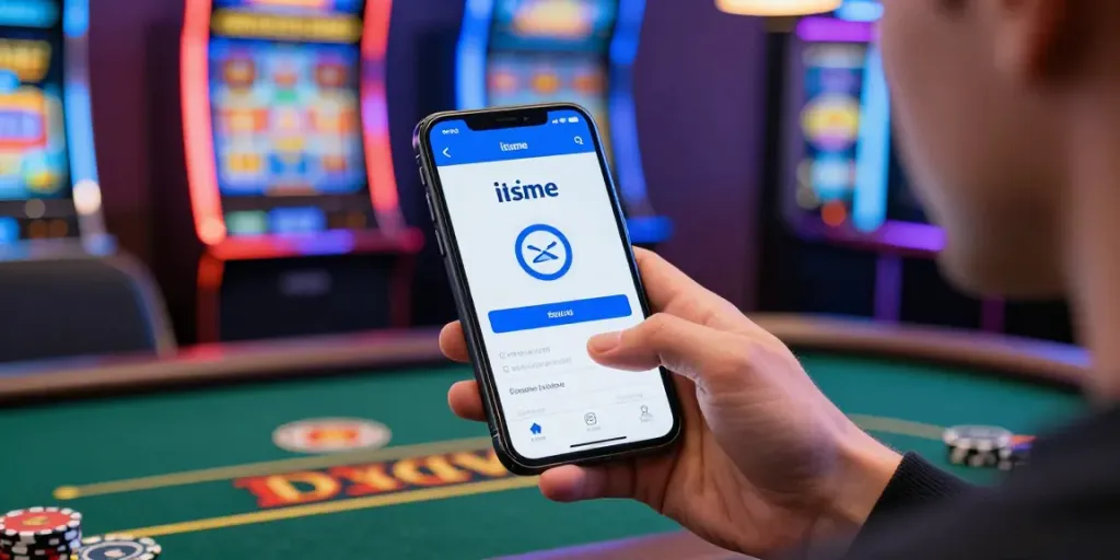 Um sich beim Casino mit itsme zu registrieren, nutzt ein Nutzer eine Smartphone-App in einem modernen digitalen Umfeld.